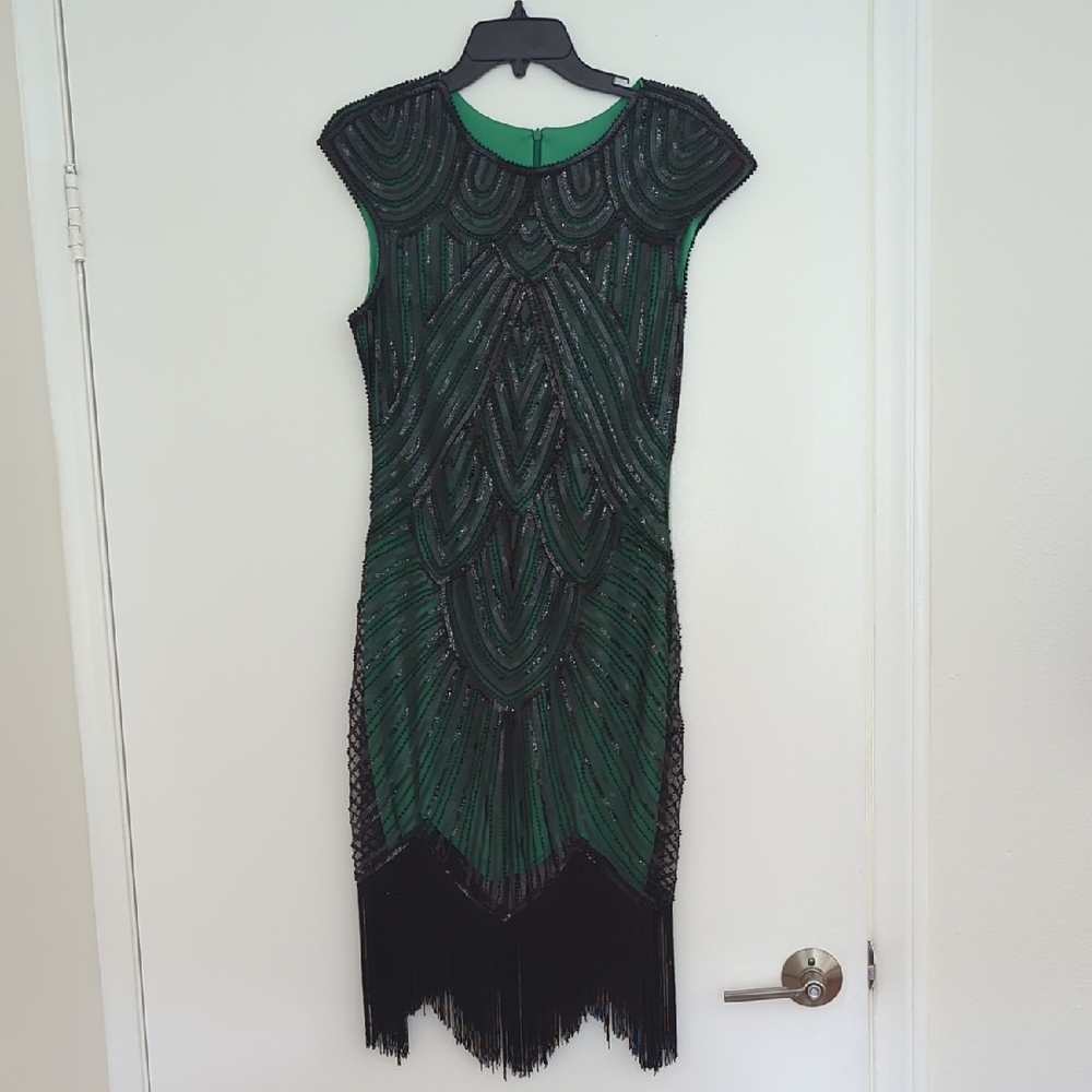 Elegant Green and Black Beaded Mini Dress